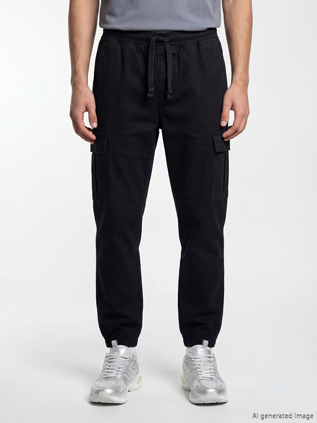 Siyah Standart Kalıp Gabardin Erkek Kargo Pantolon-1