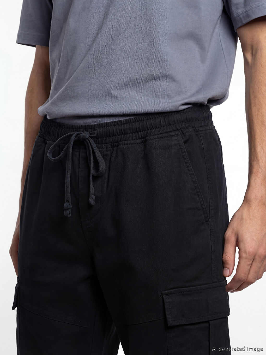 Siyah Standart Kalıp Gabardin Erkek Kargo Pantolon-2