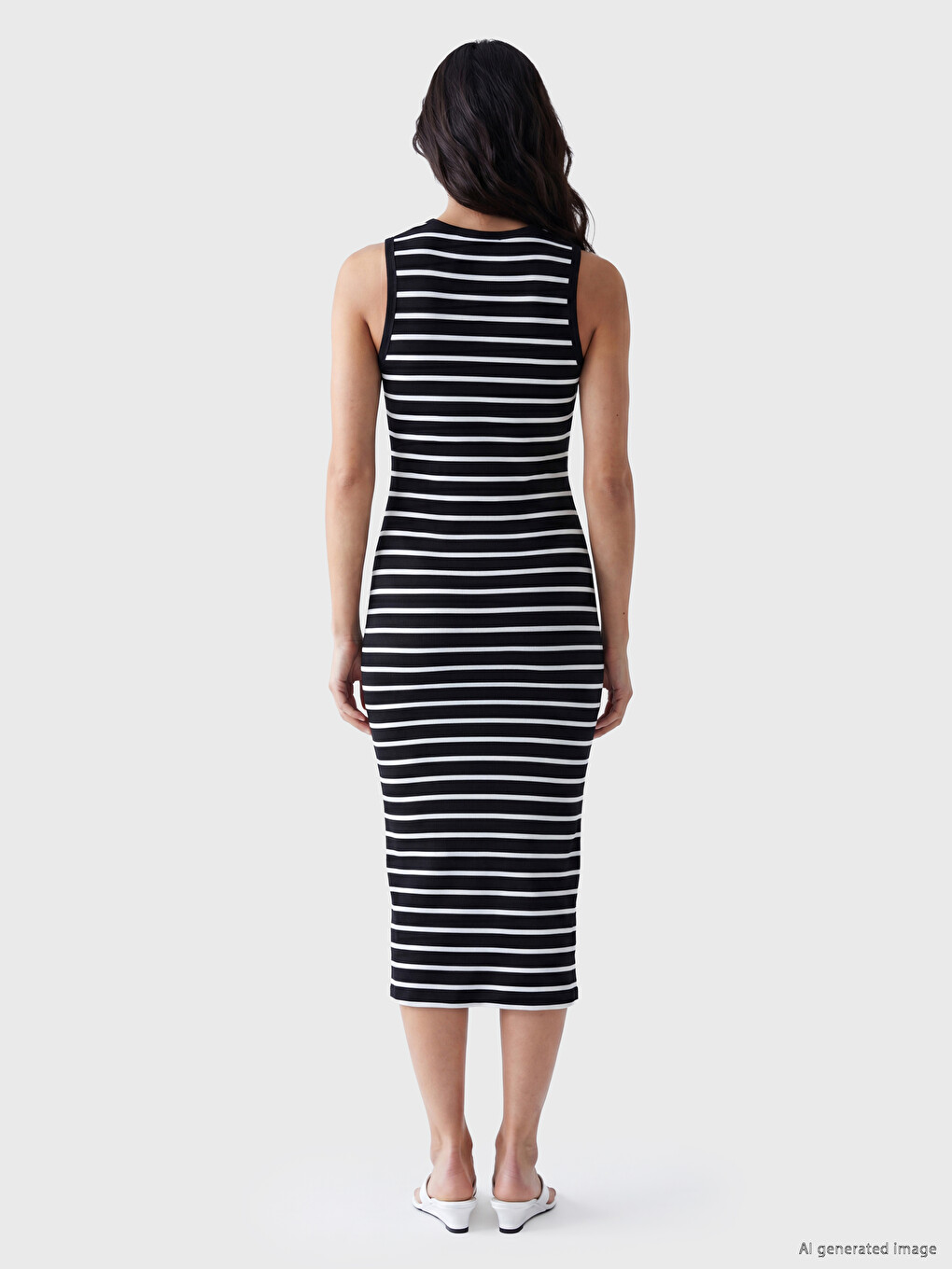 Siyah Bisiklet Yaka Çizgili Bodycon Elbise-3
