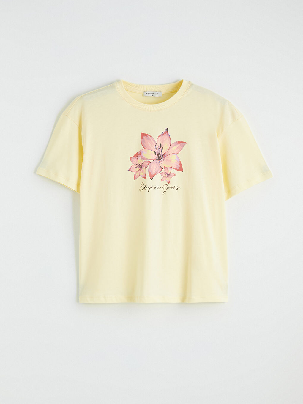 Bej Bisiklet Yaka Çiçek Baskılı Kadın Tişört-3