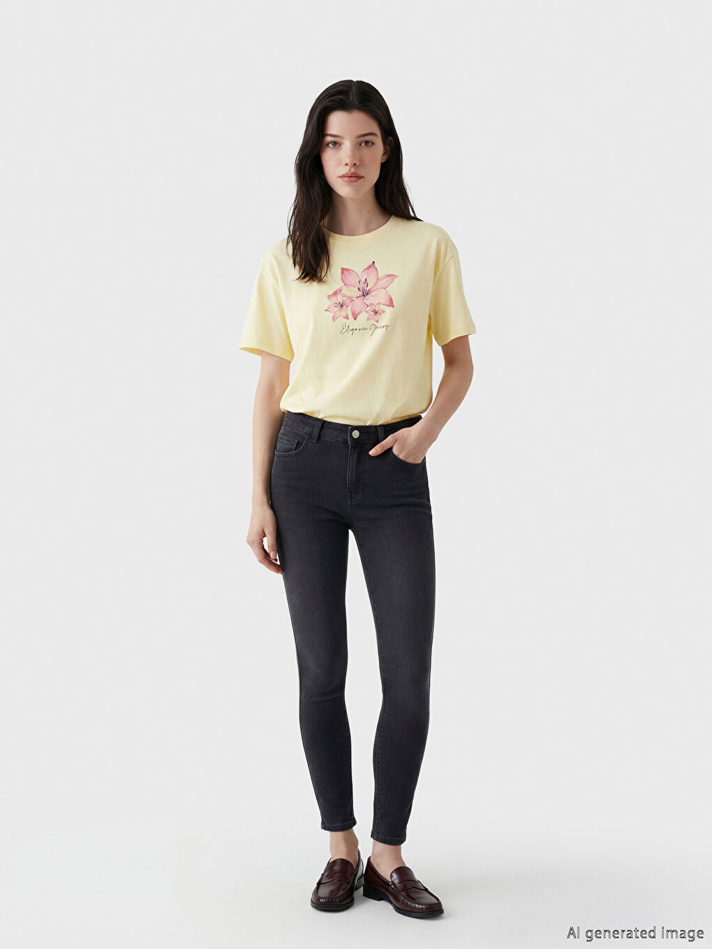 Bej Bisiklet Yaka Çiçek Baskılı Kadın Tişört-1