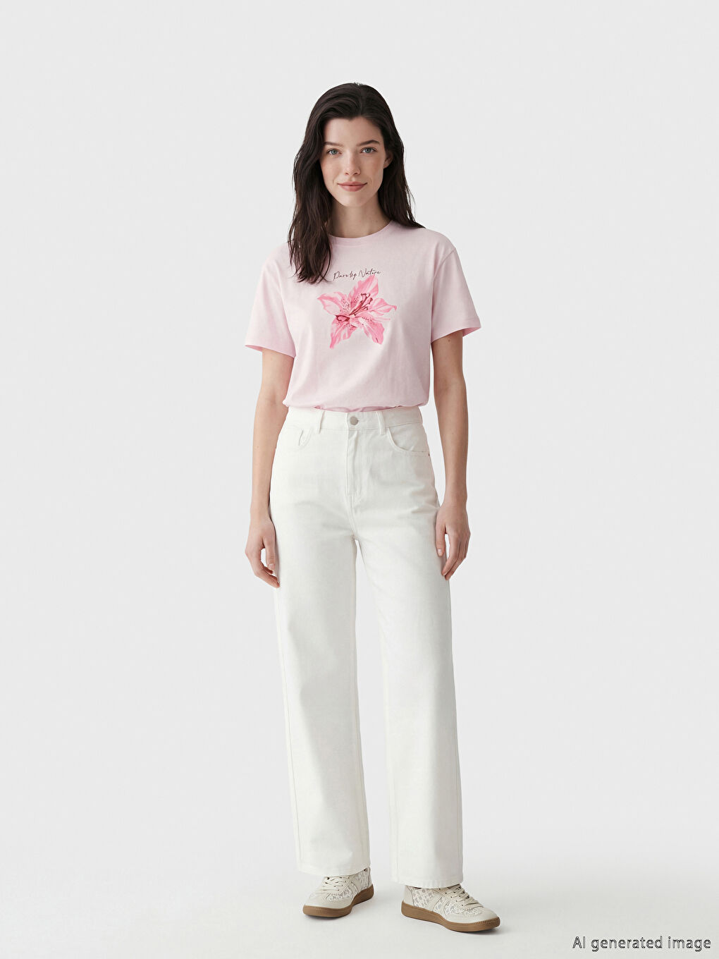 Pembe Bisiklet Yaka Çiçek Baskılı Kadın Tişört-1