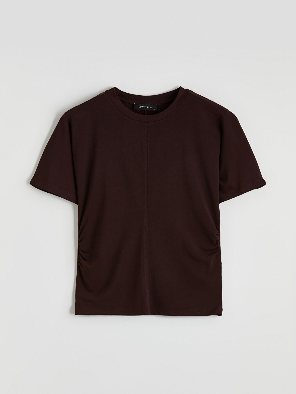 Kahverengi Bisiklet Yaka Büzgülü Kadın Tişört-3