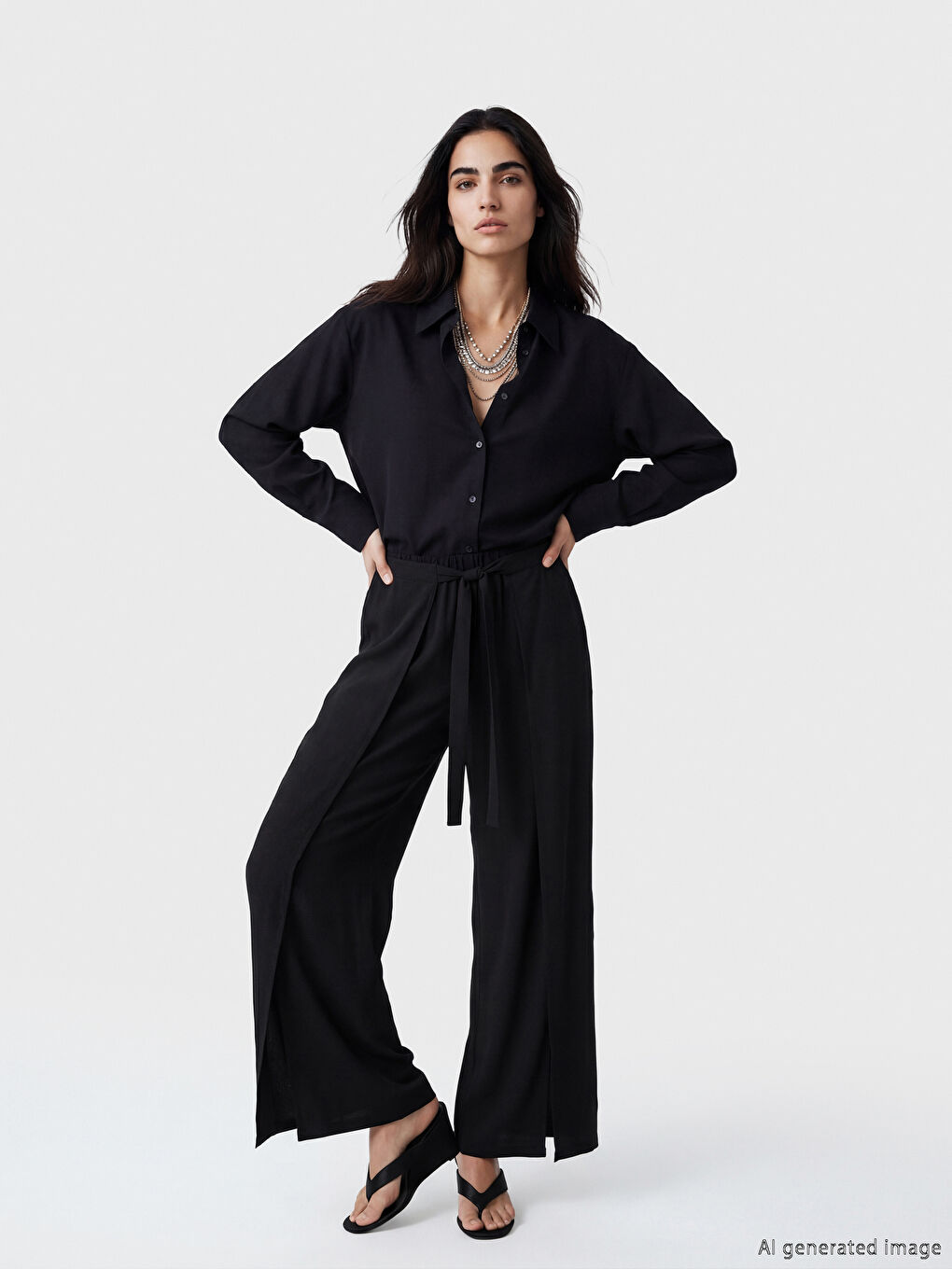 Siyah Beli Lastikli Geniş Paça Kadın Pantolon	