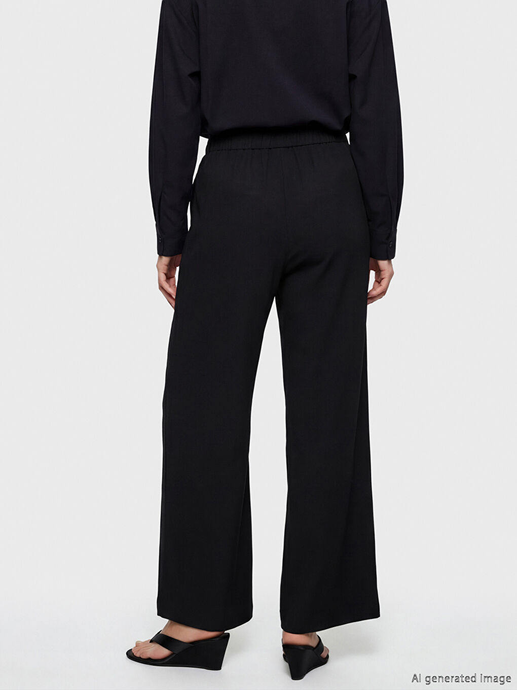 Siyah Beli Lastikli Geniş Paça Kadın Pantolon	-1