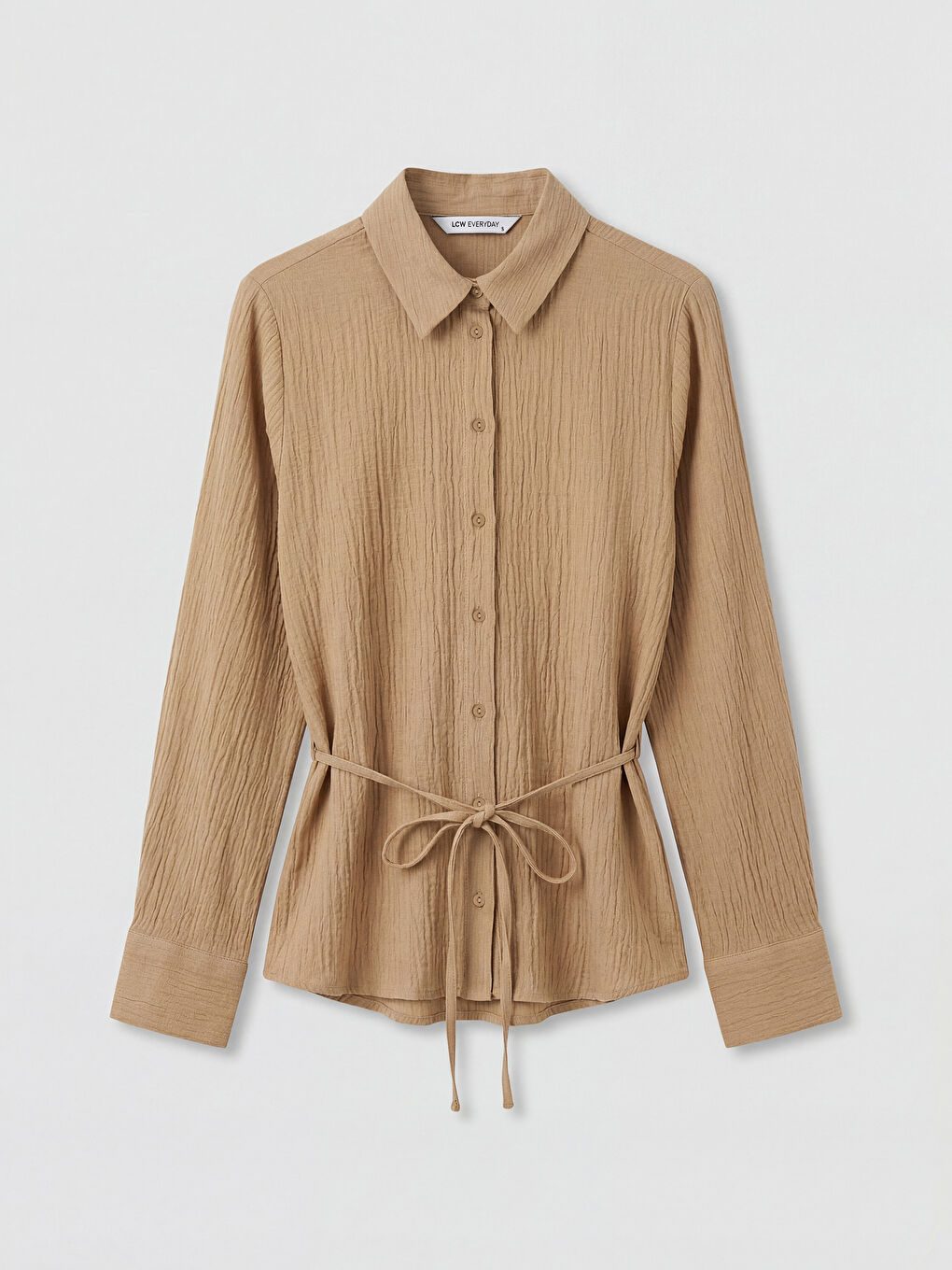 Haki Kuşaklı Kadın Gofre Gömlek-3