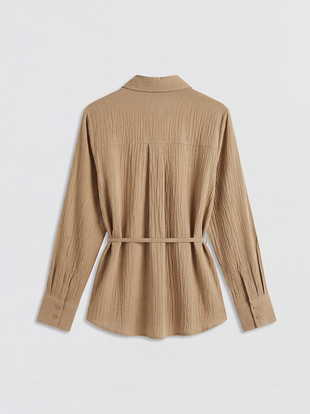 Haki Kuşaklı Kadın Gofre Gömlek-4