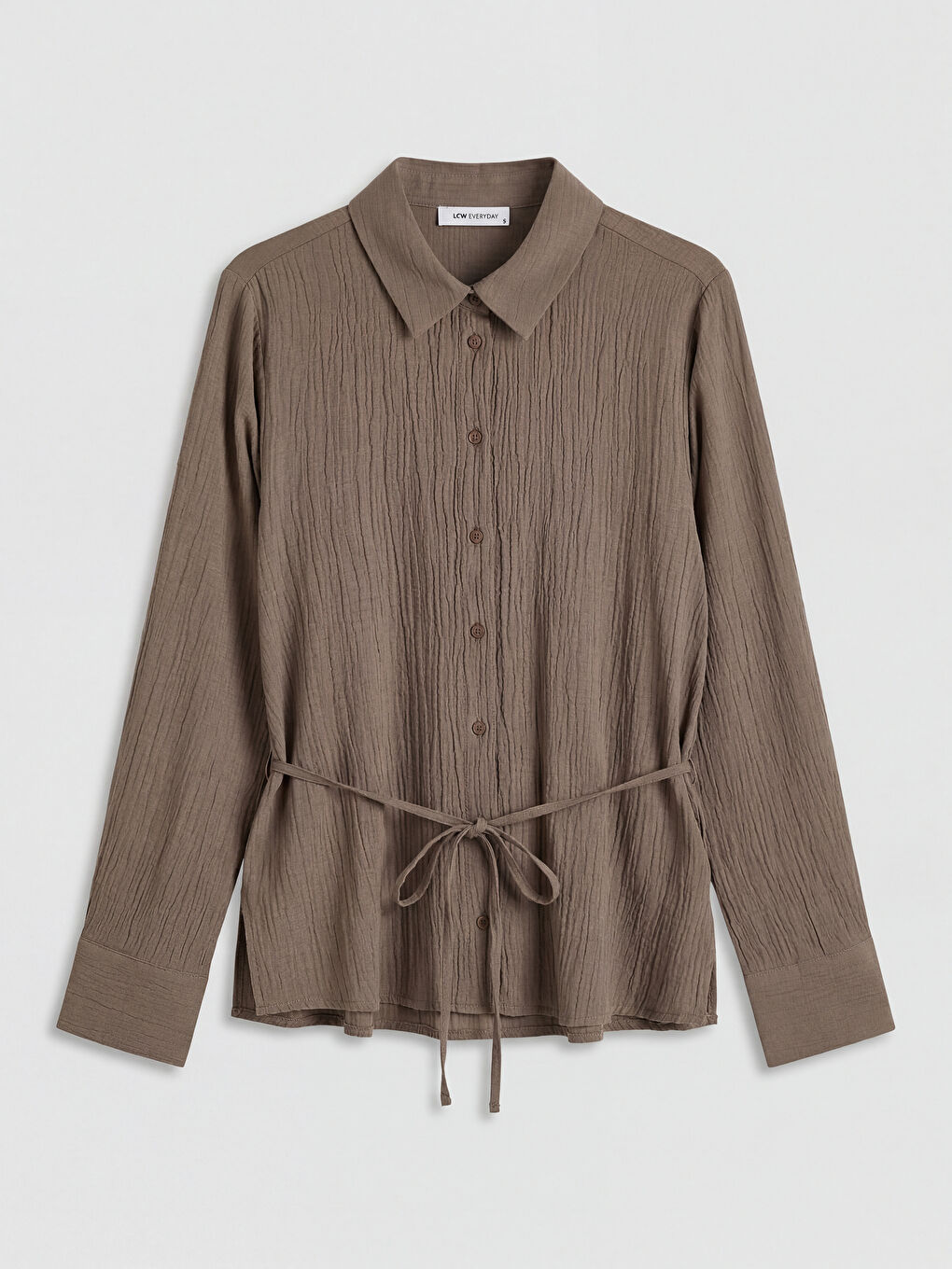 Kahverengi Kuşaklı Kadın Gofre Gömlek