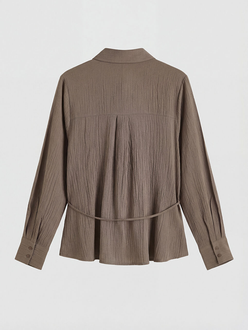 Kahverengi Kuşaklı Kadın Gofre Gömlek-1