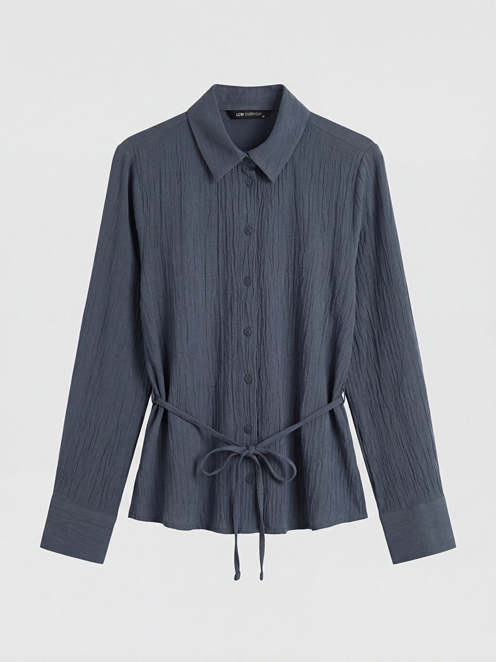 İndigo Kuşaklı Kadın Gofre Gömlek