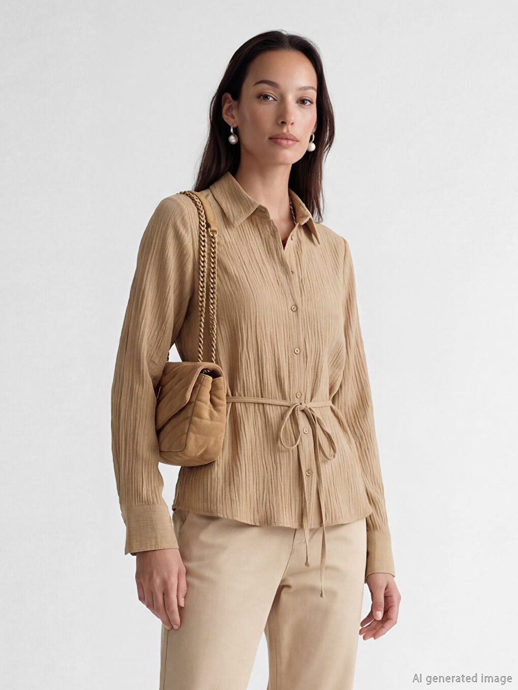 Haki Kuşaklı Kadın Gofre Gömlek