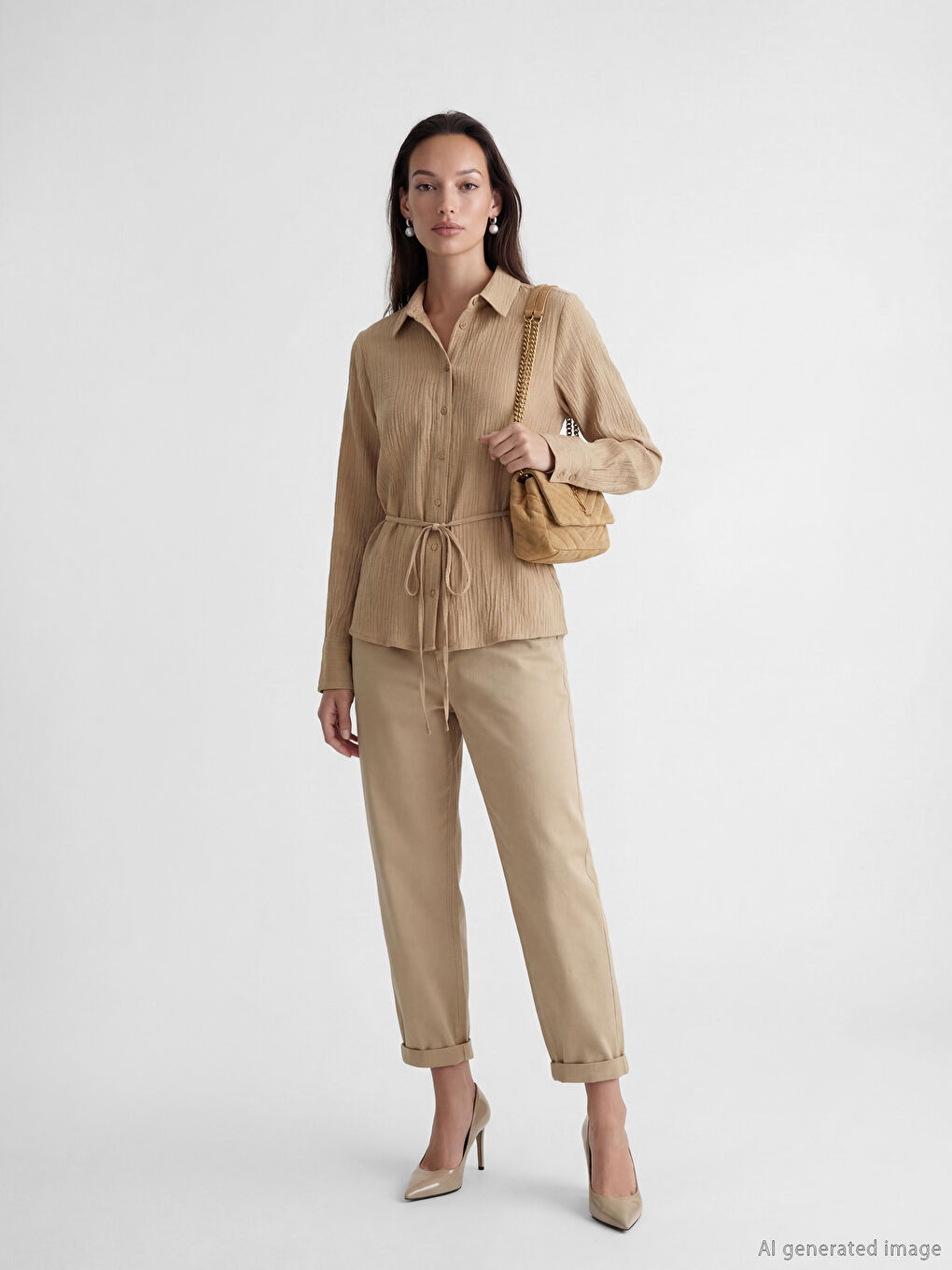 Haki Kuşaklı Kadın Gofre Gömlek-1