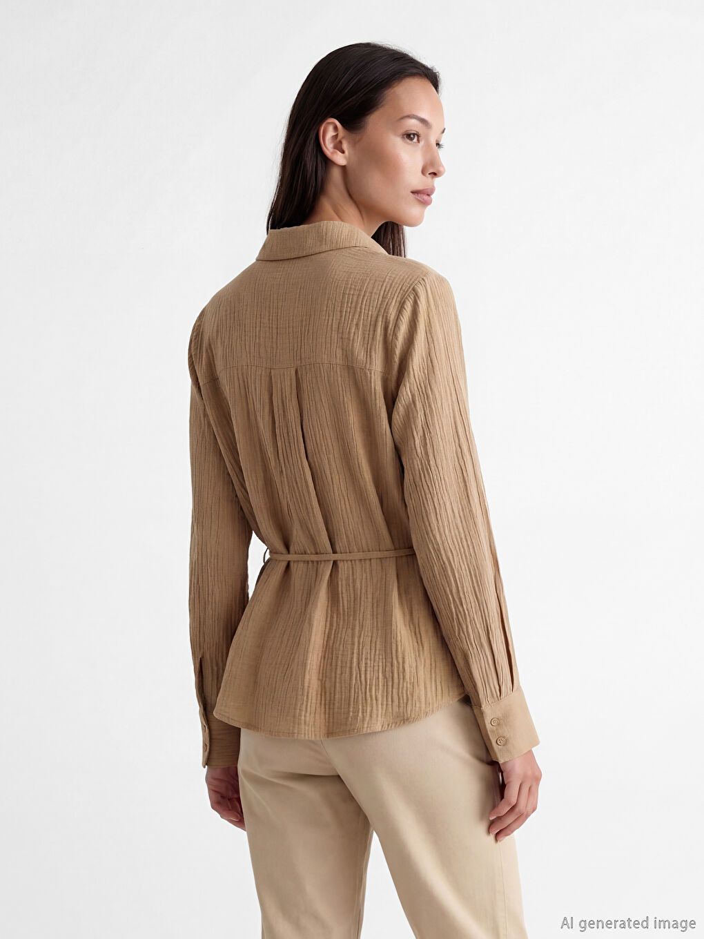 Haki Kuşaklı Kadın Gofre Gömlek-2