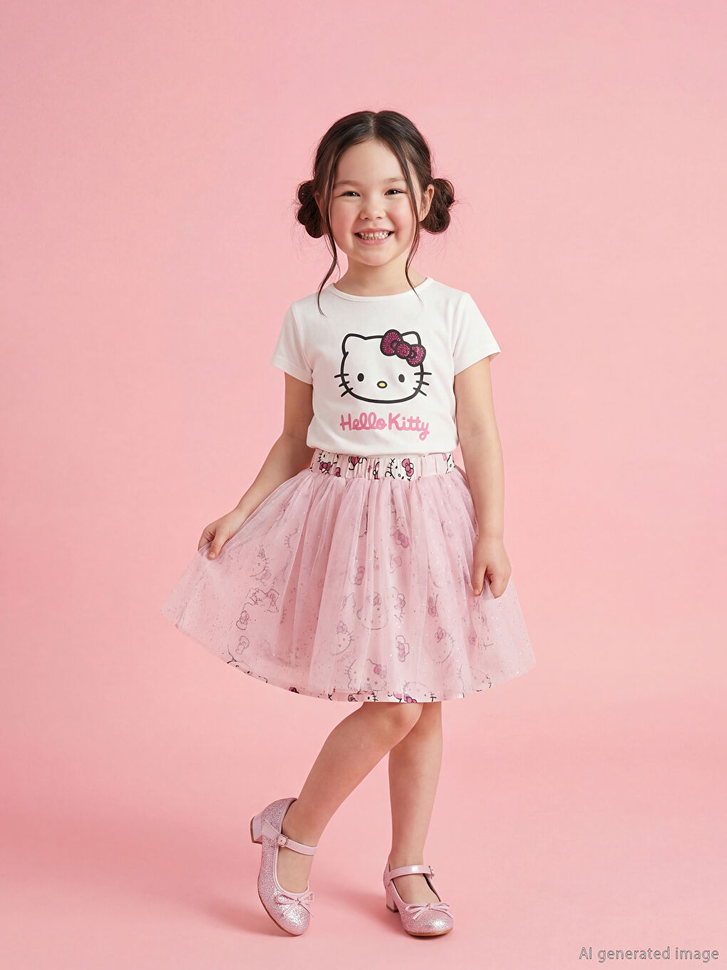 Ekru Hello Kitty Baskılı Kız Çocuk Tişört ve Tütü Etek