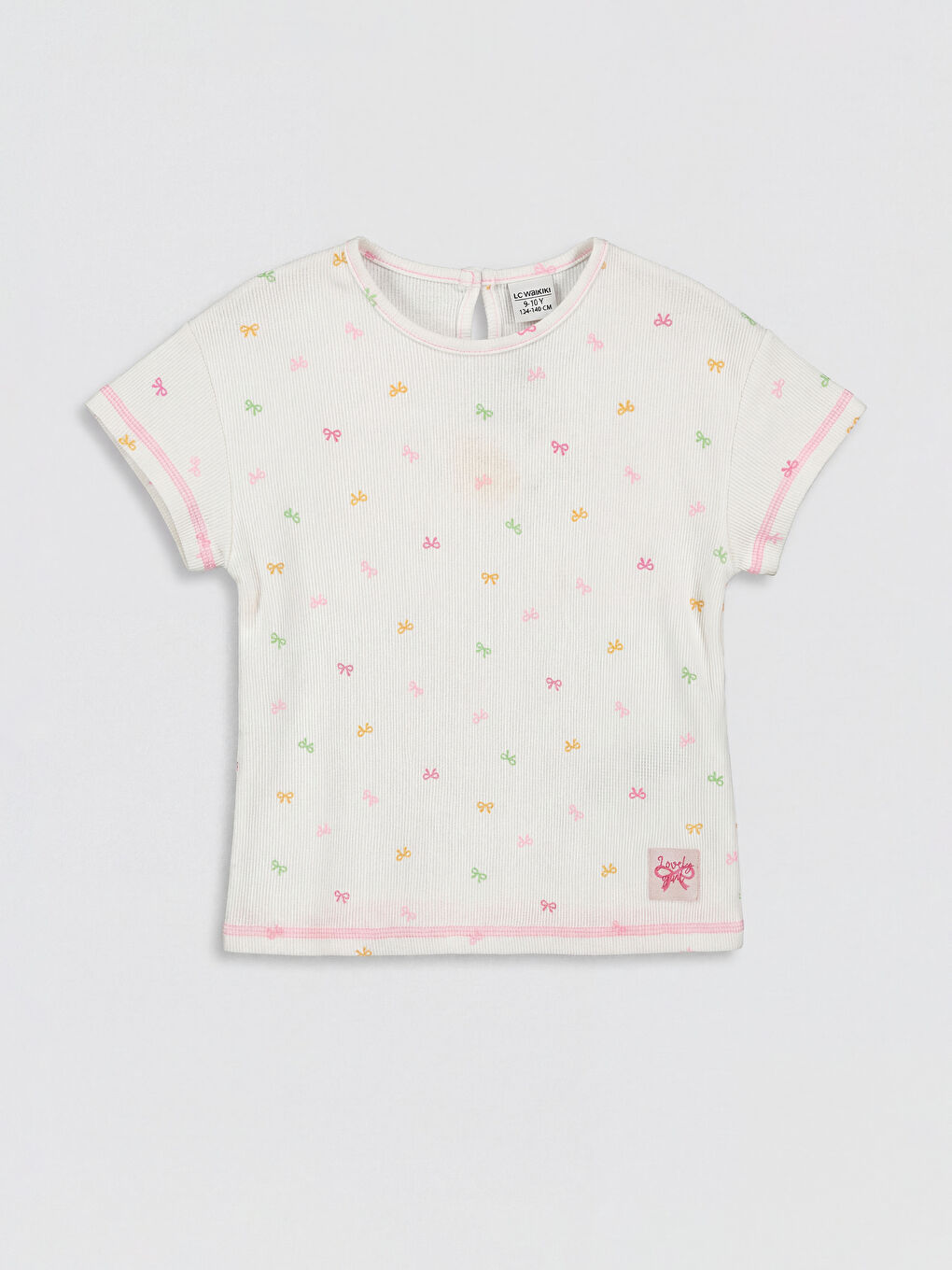Ekru Bisiklet Yaka Baskılı Kız Çocuk Tişört