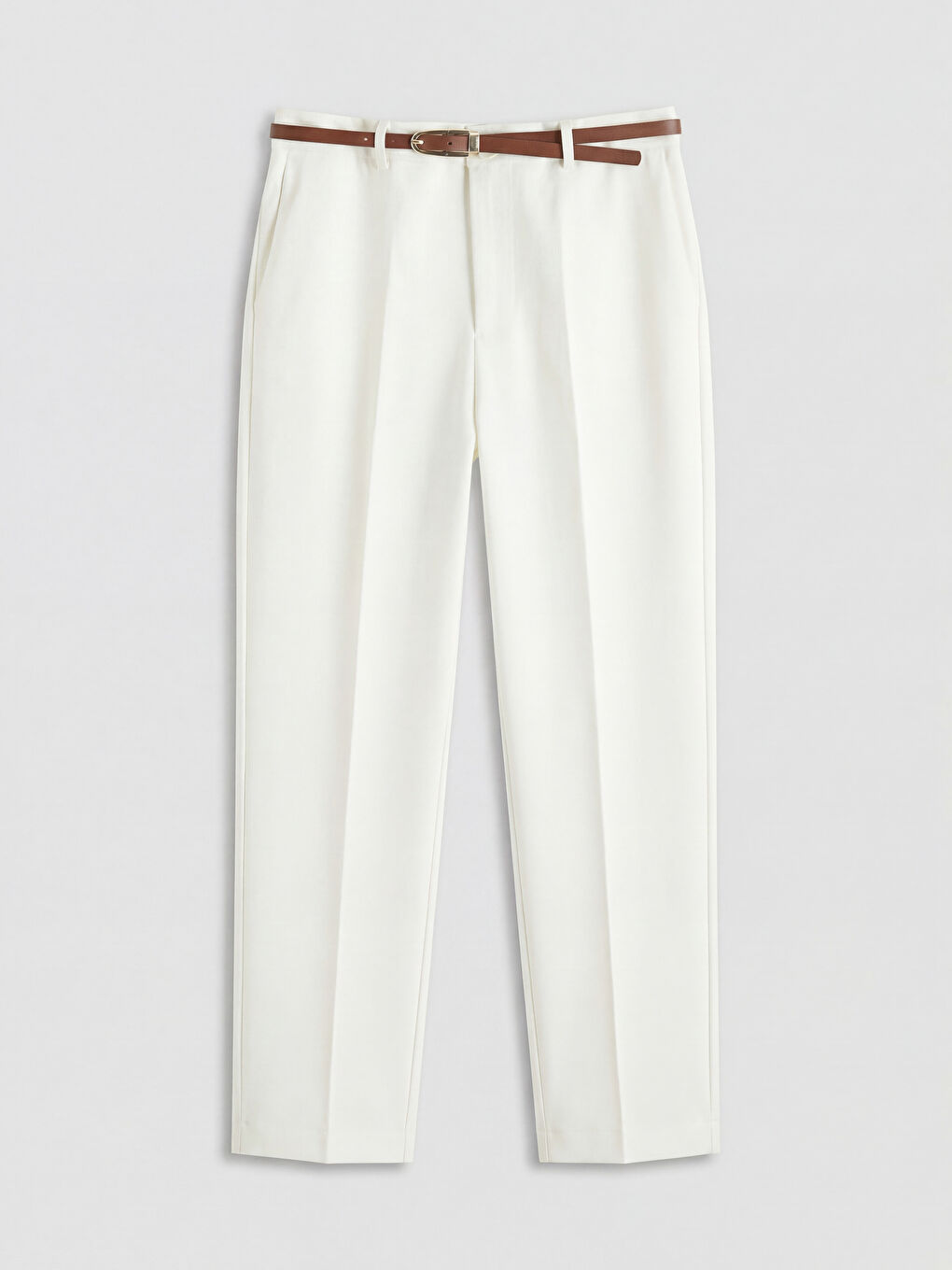 Ekru Beli Kemerli Standart Fit Kadın Pantolon