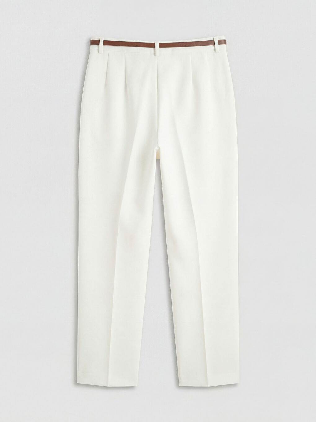 Ekru Beli Kemerli Standart Fit Kadın Pantolon-1