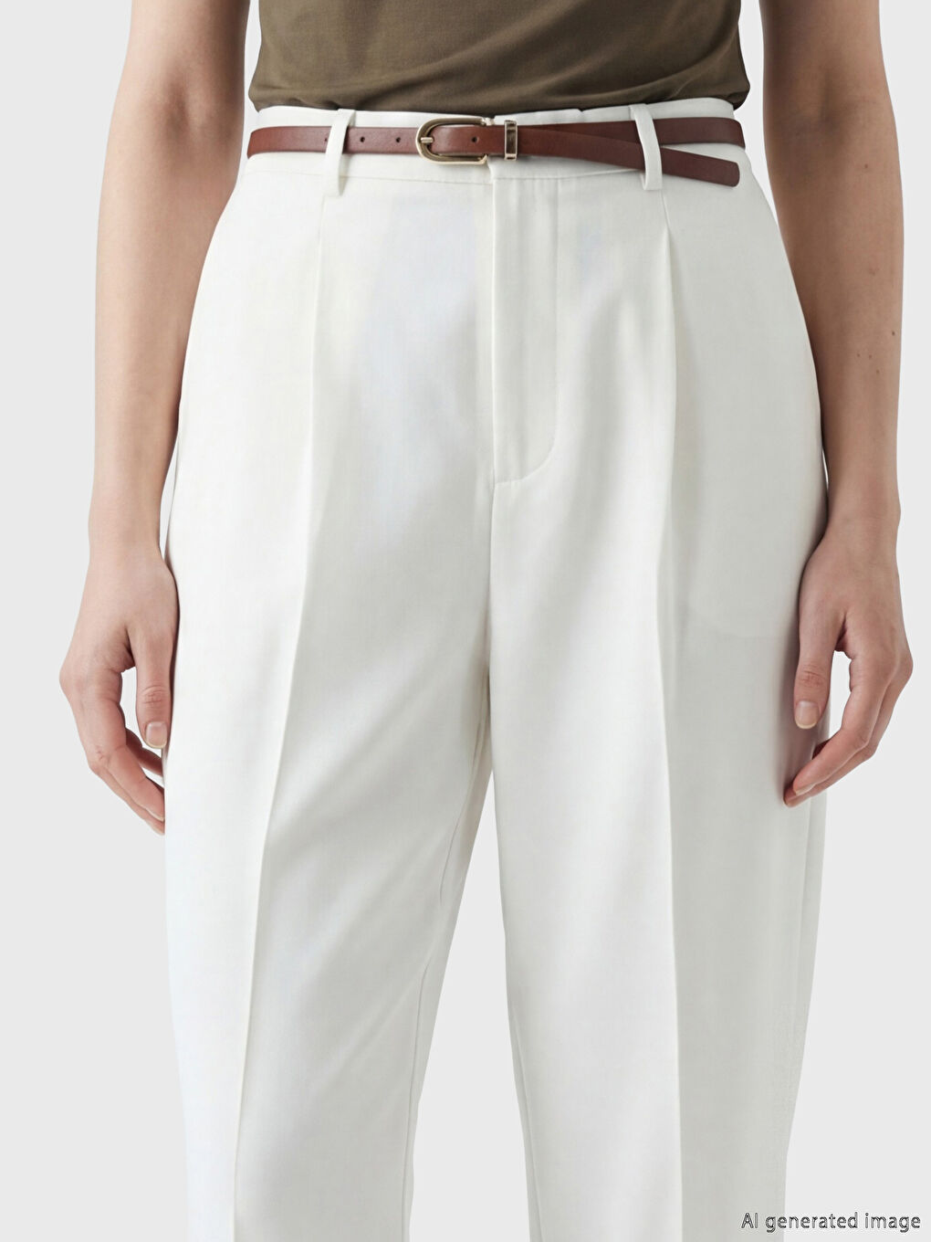 Beyaz Beli Kemerli Standart Fit Kadın Pantolon-2