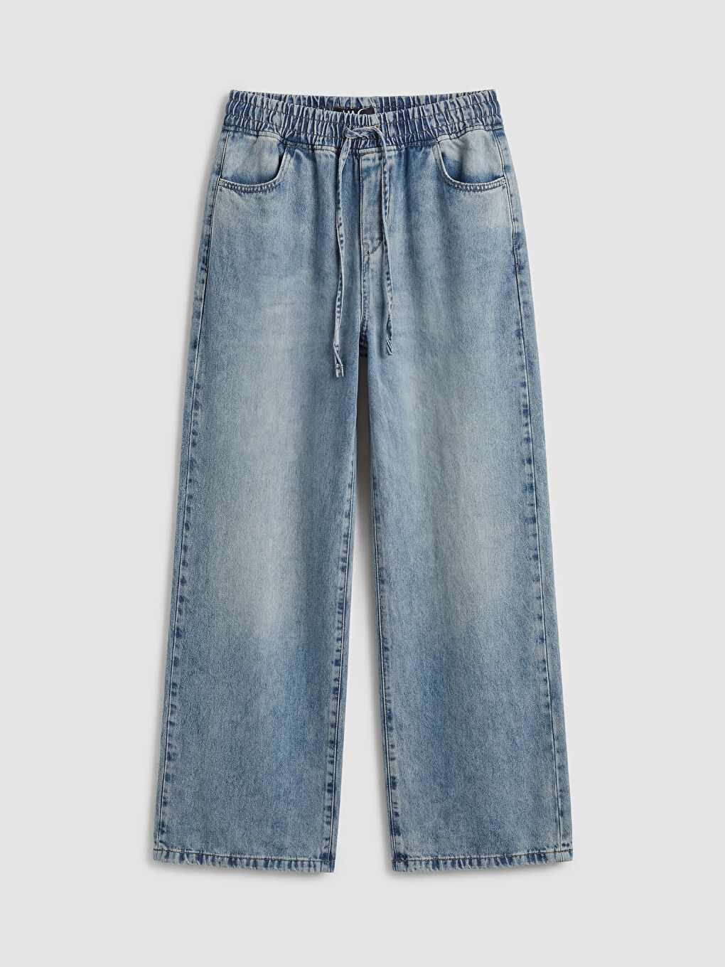 Mavi Beli Lastikli Wideleg Kadın Jean Pantolon-4