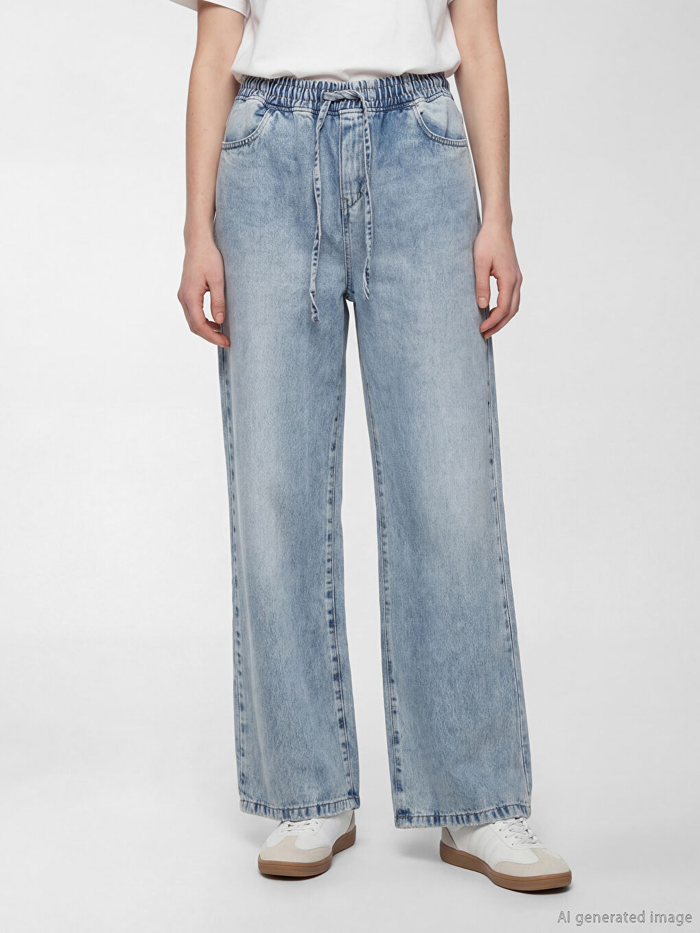 Mavi Beli Lastikli Wideleg Kadın Jean Pantolon-1