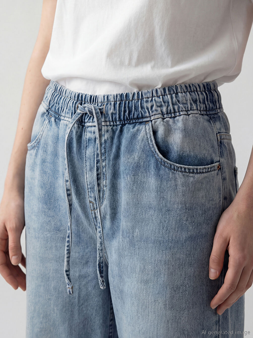 Mavi Beli Lastikli Wideleg Kadın Jean Pantolon-2