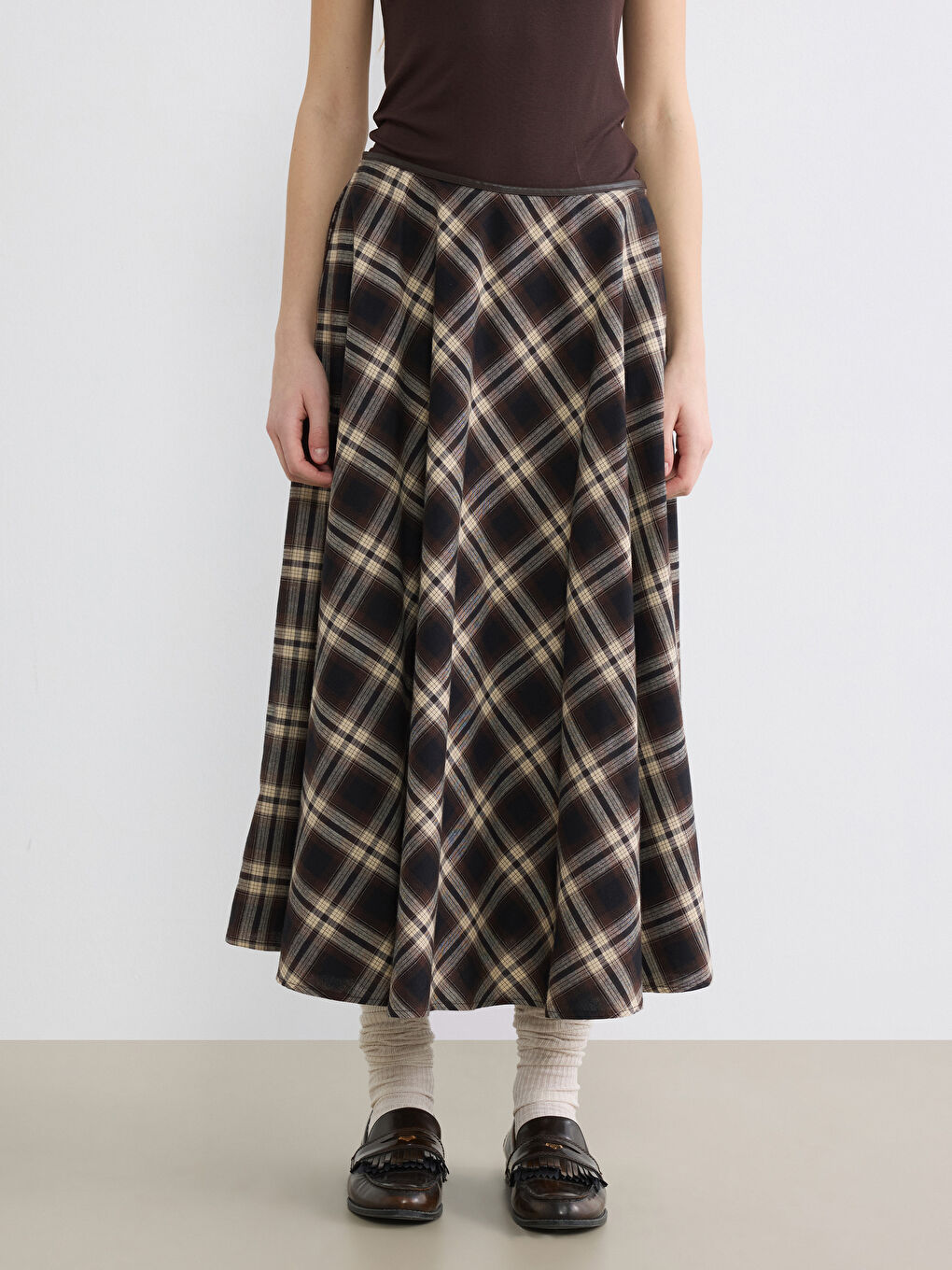 High Waisted Plaid Flared Skirt with Zipper-1