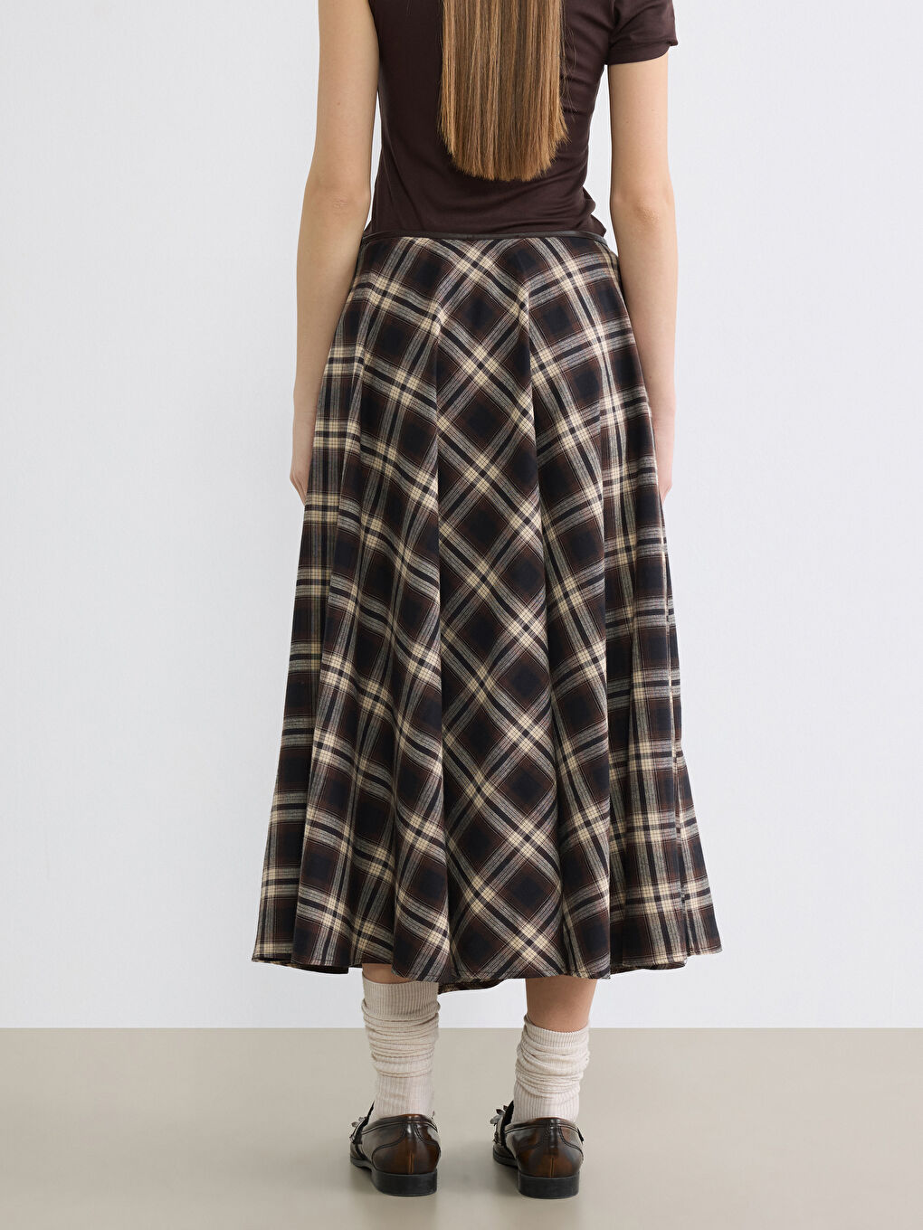 High Waisted Plaid Flared Skirt with Zipper-3
