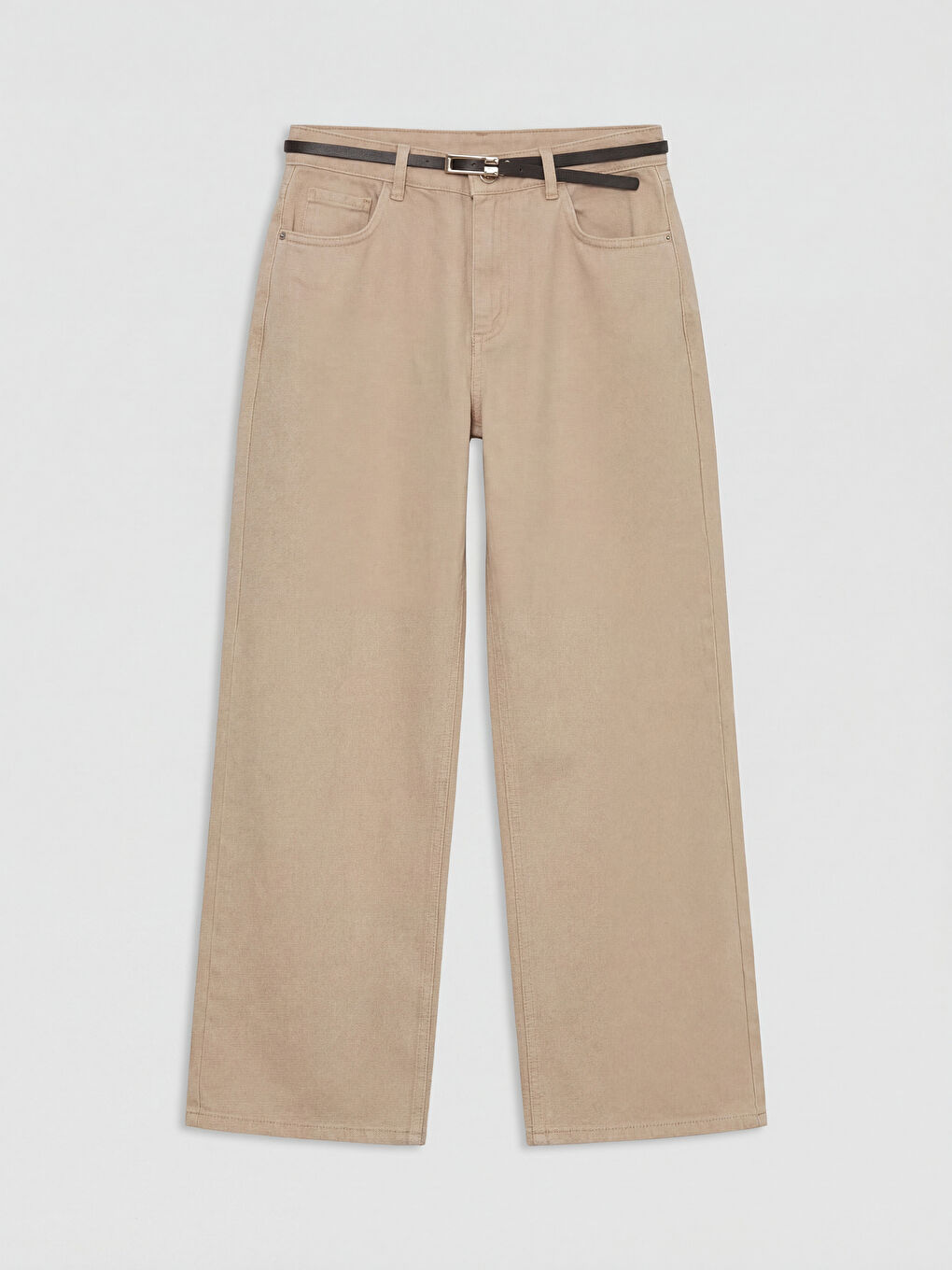 Bej Beli Kemerli Wideleg Kadın Jean Pantolon