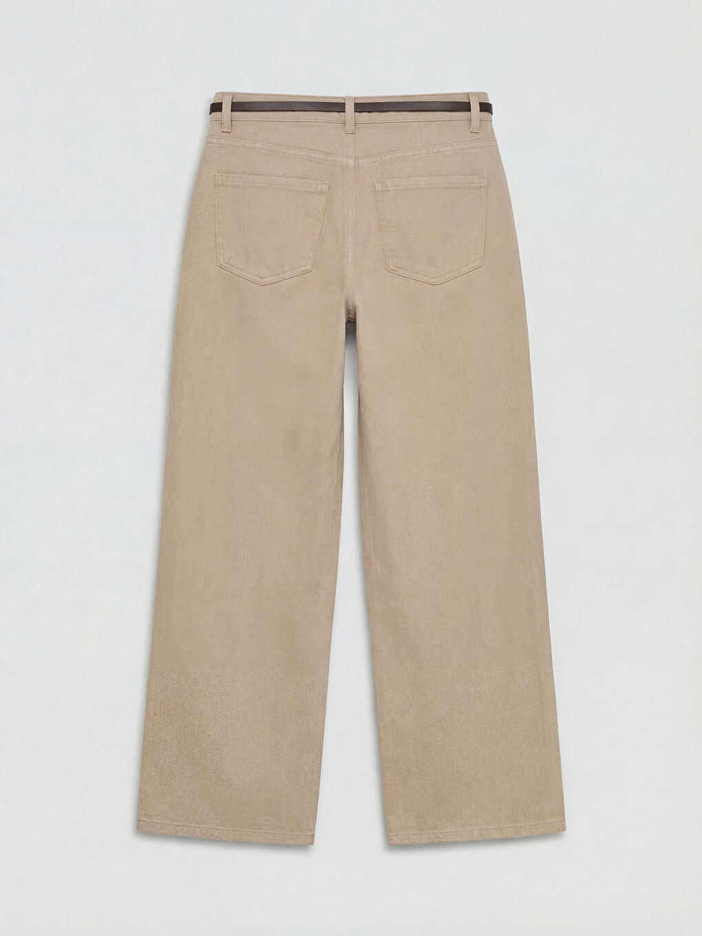 Bej Beli Kemerli Wideleg Kadın Jean Pantolon-1