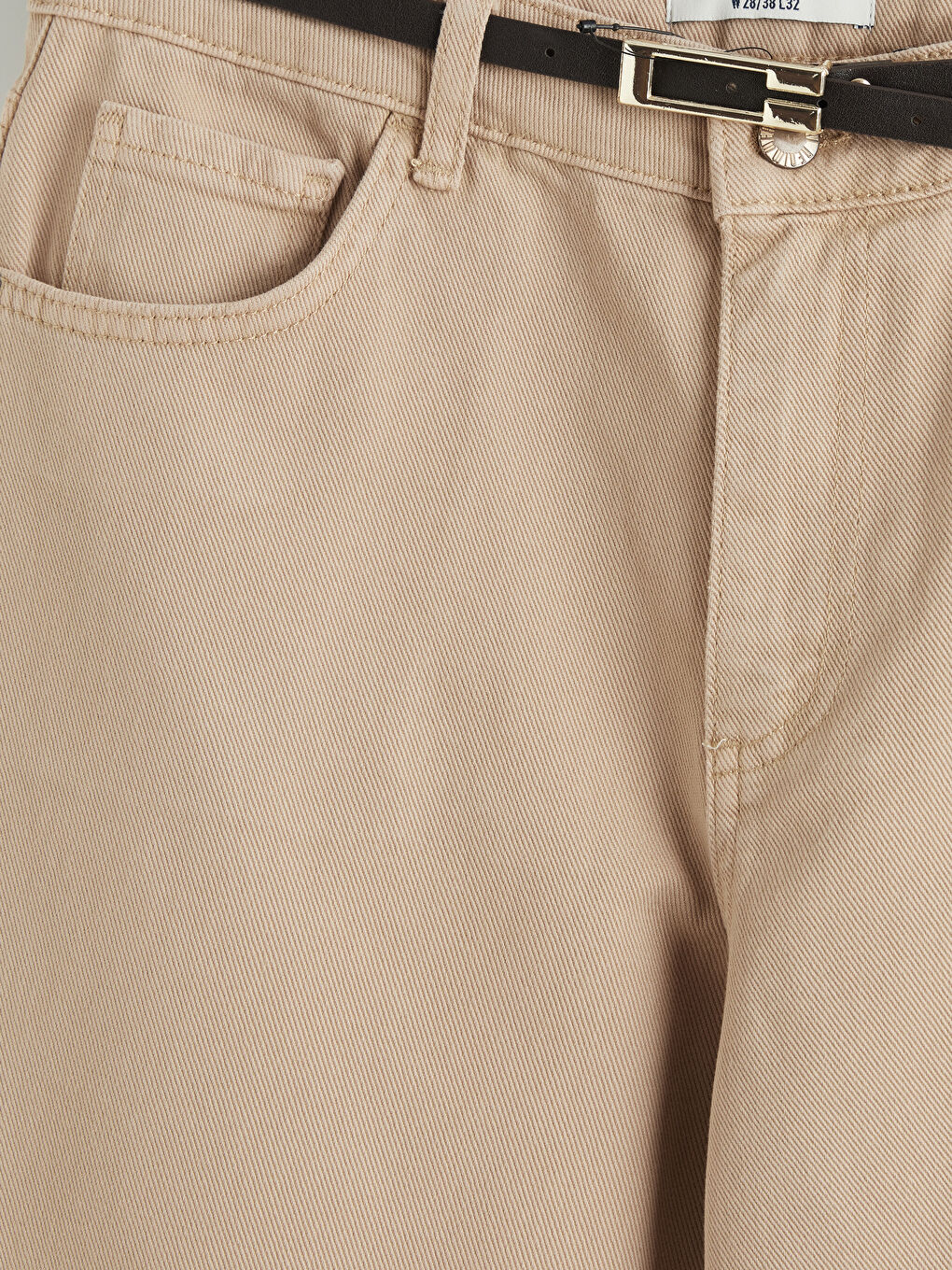 Bej Beli Kemerli Wideleg Kadın Jean Pantolon-2