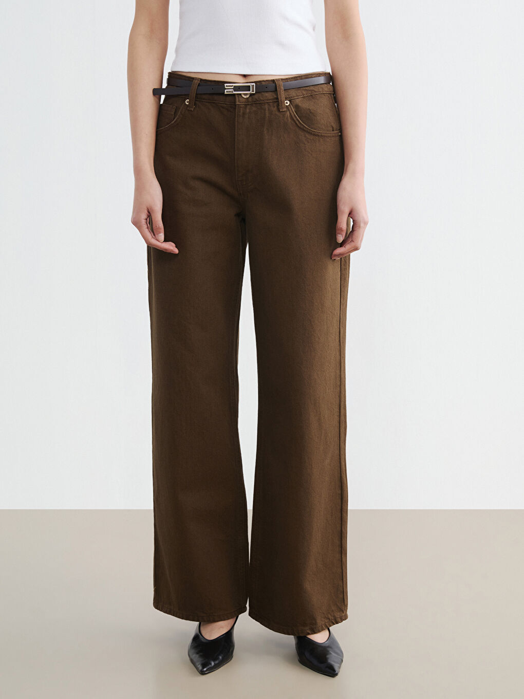 Haki Beli Kemerli Wideleg Kadın Jean Pantolon	-1