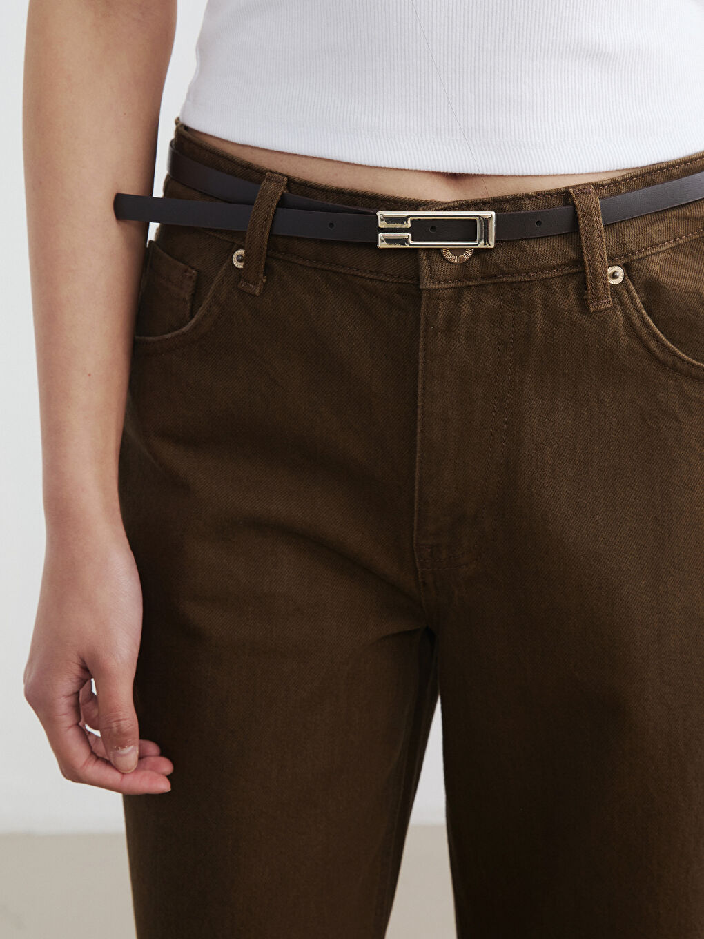 Haki Beli Kemerli Wideleg Kadın Jean Pantolon	-2