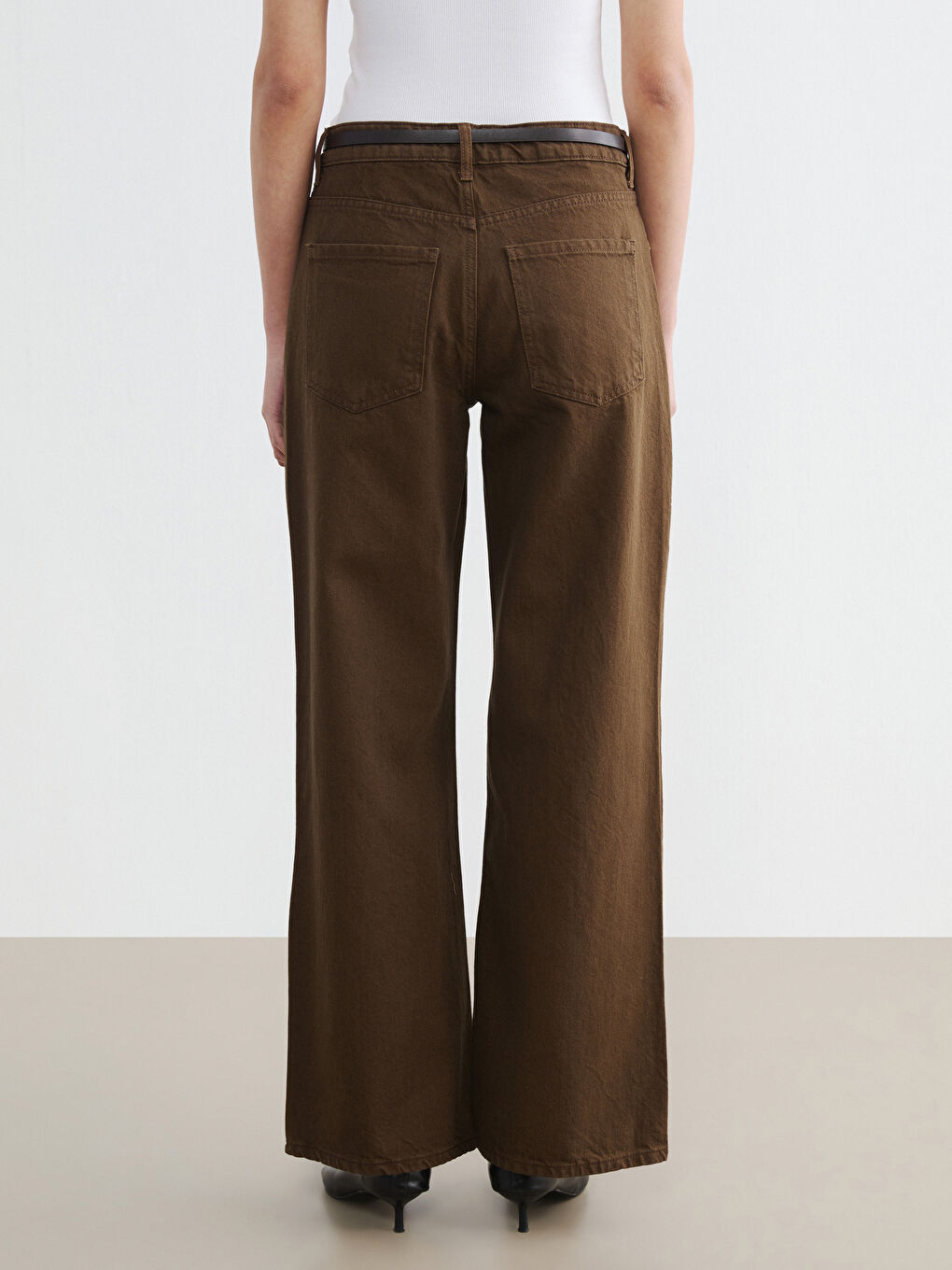 Haki Beli Kemerli Wideleg Kadın Jean Pantolon	-3