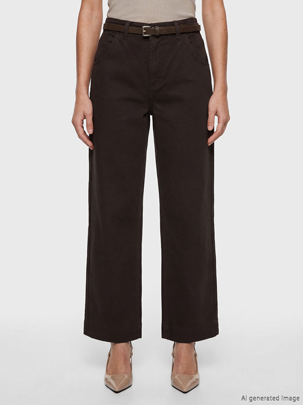 Kahverengi Beli Kemerli Wideleg Fit Kadın Jean Pantolon-1
