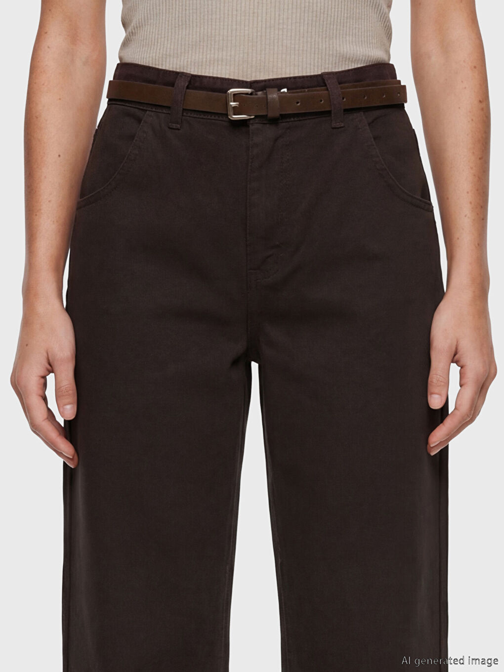 Kahverengi Beli Kemerli Wideleg Fit Kadın Jean Pantolon-2