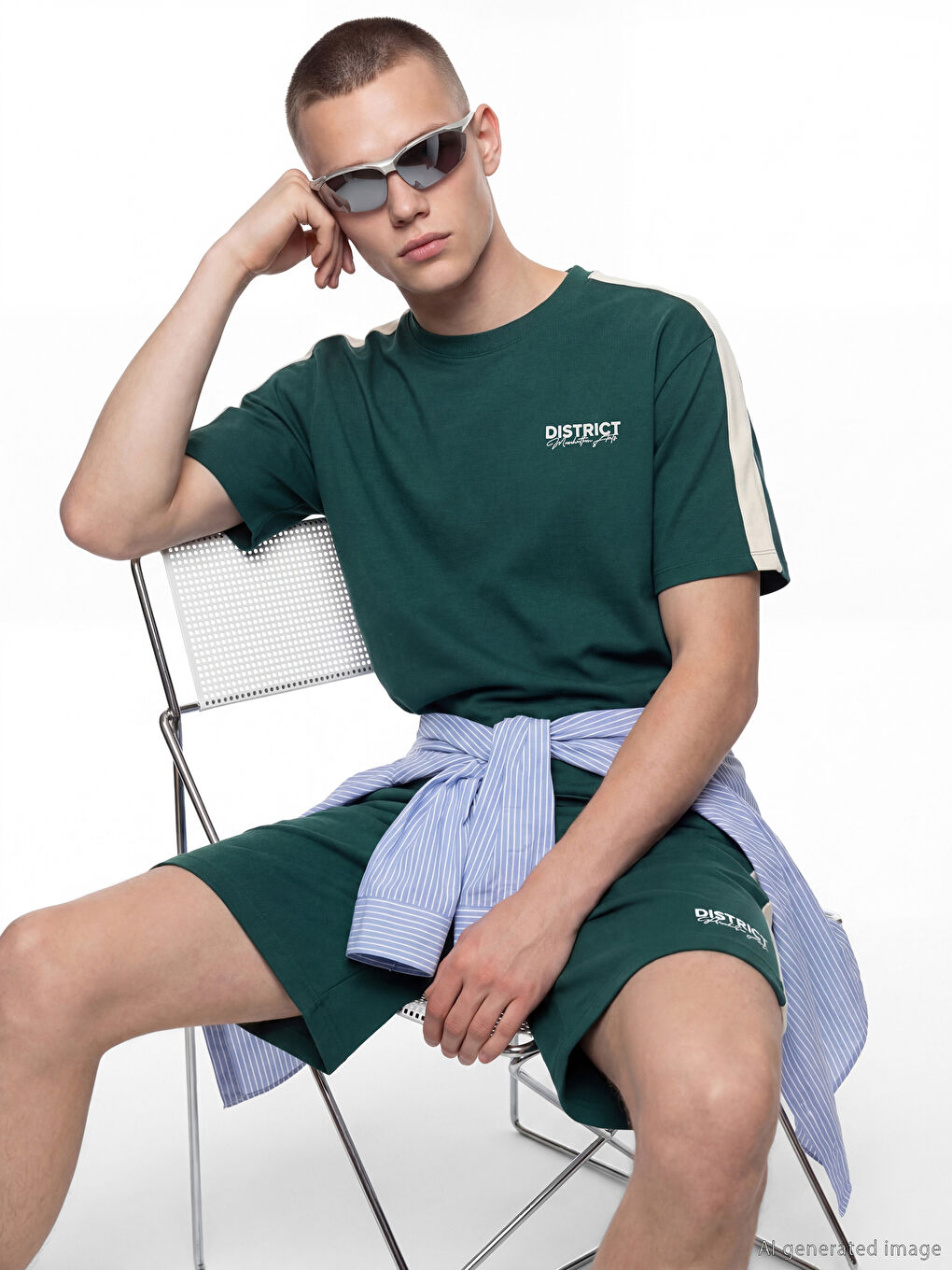 Yeşil Bisiklet Yaka Şeritli Baskılı Erkek Tişört