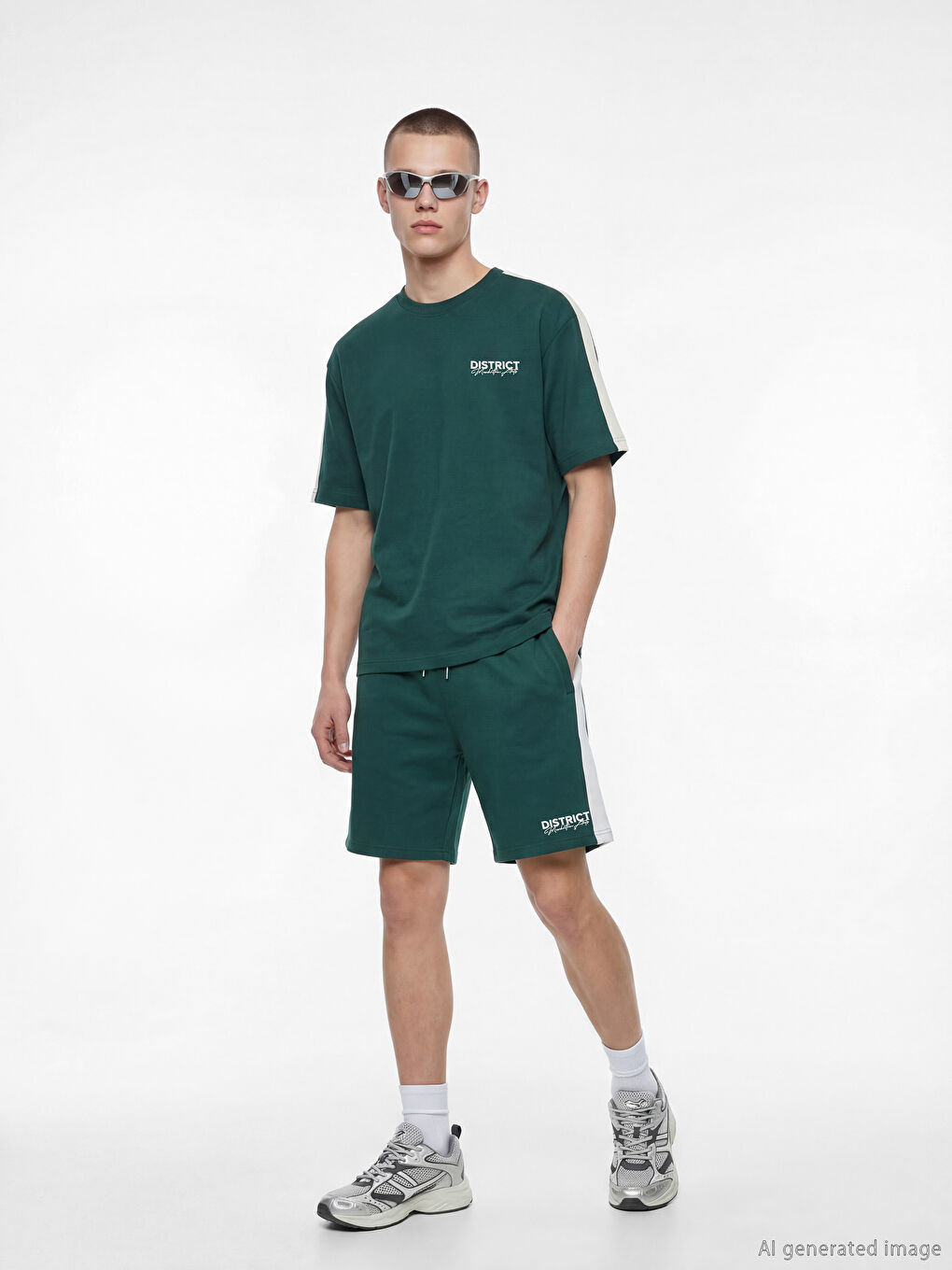 Yeşil Bisiklet Yaka Şeritli Baskılı Erkek Tişört-1