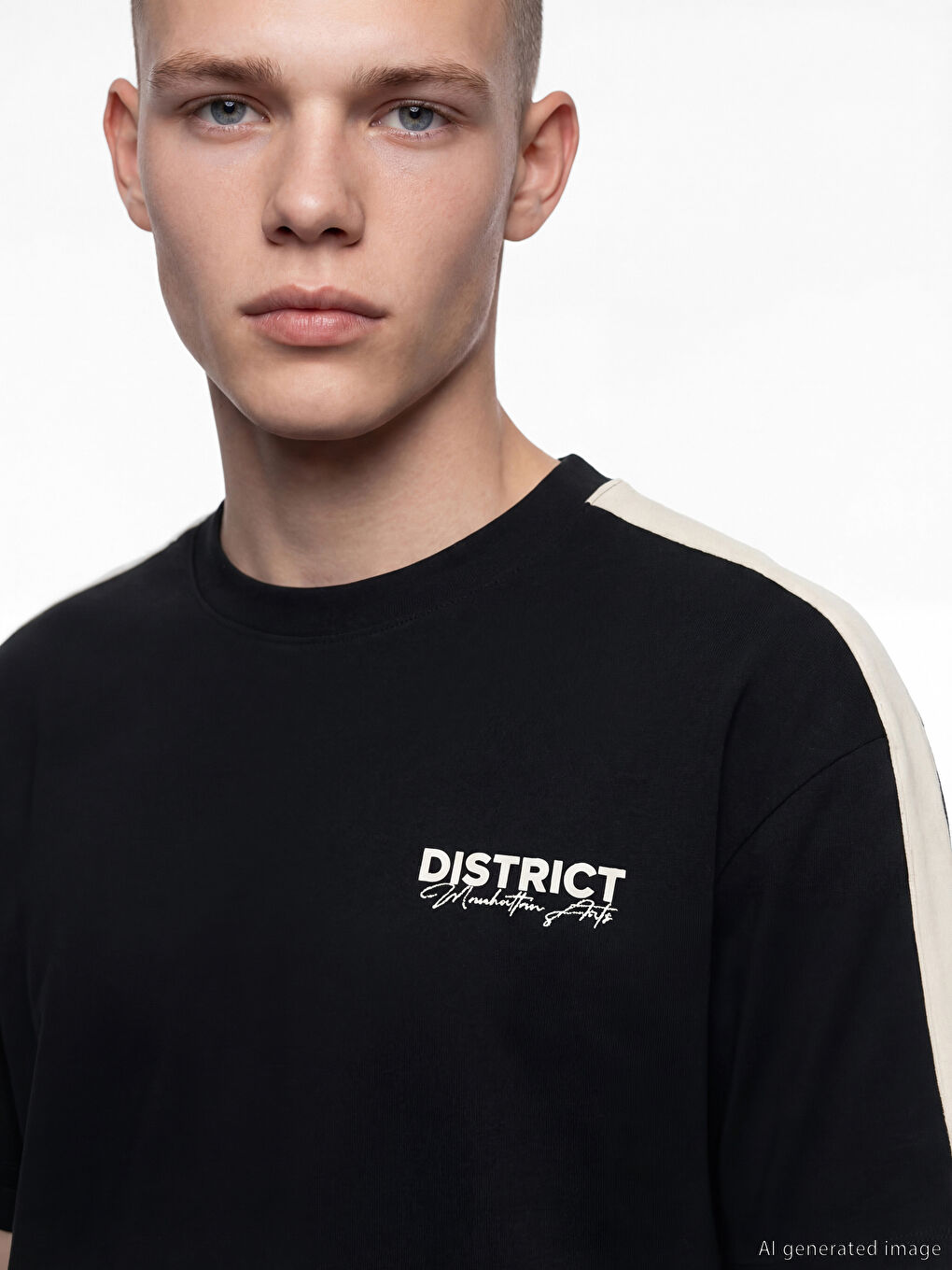 Siyah Bisiklet Yaka Şeritli Baskılı Erkek Tişört