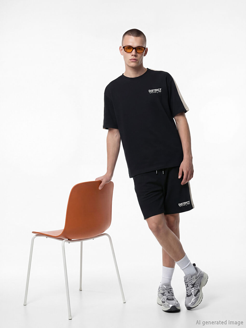 Siyah Bisiklet Yaka Şeritli Baskılı Erkek Tişört-1