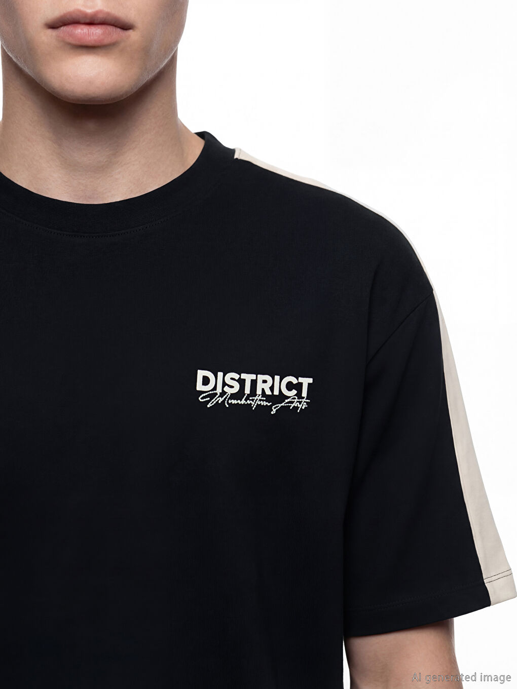 Siyah Bisiklet Yaka Şeritli Baskılı Erkek Tişört-2