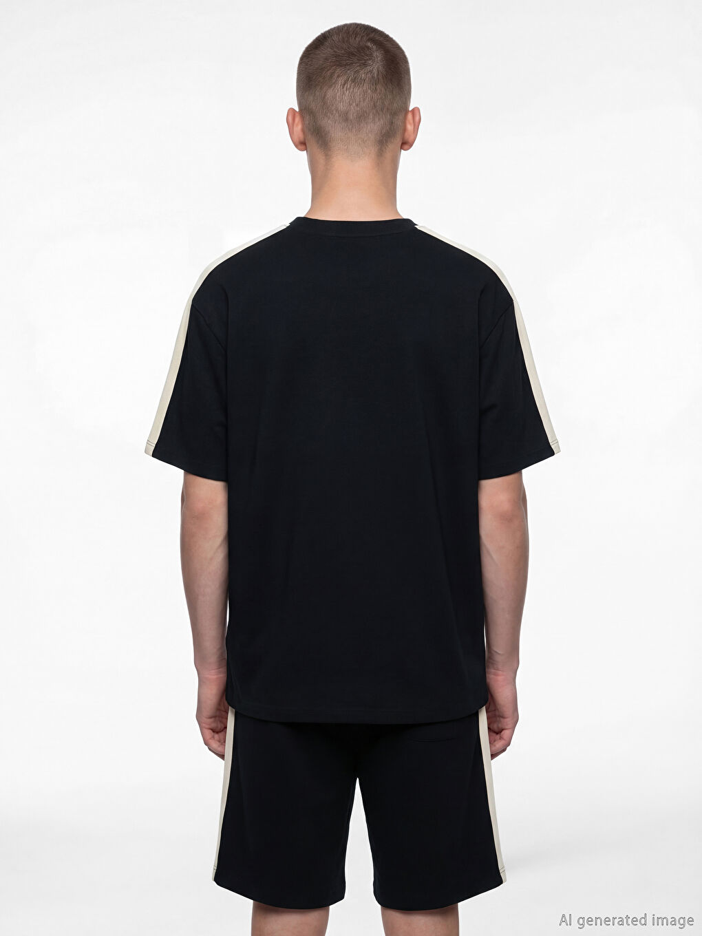 Siyah Bisiklet Yaka Şeritli Baskılı Erkek Tişört-3