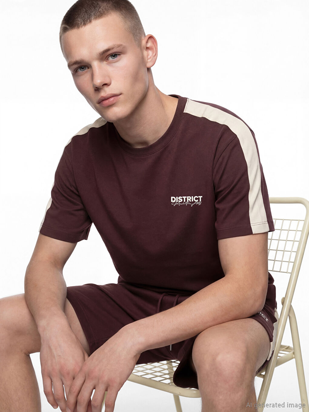 Mürdüm Bisiklet Yaka Şeritli Baskılı Erkek Tişört