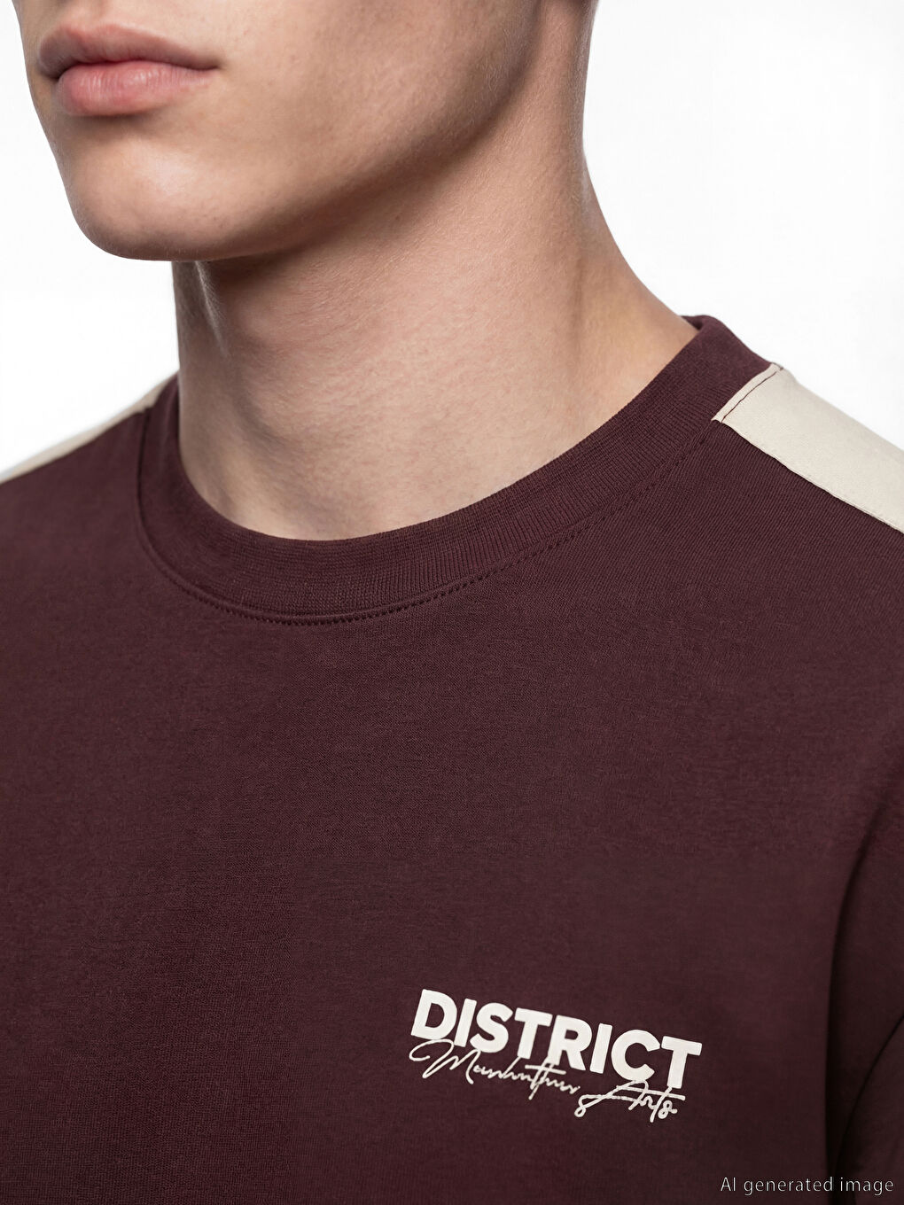 Mürdüm Bisiklet Yaka Şeritli Baskılı Erkek Tişört-2