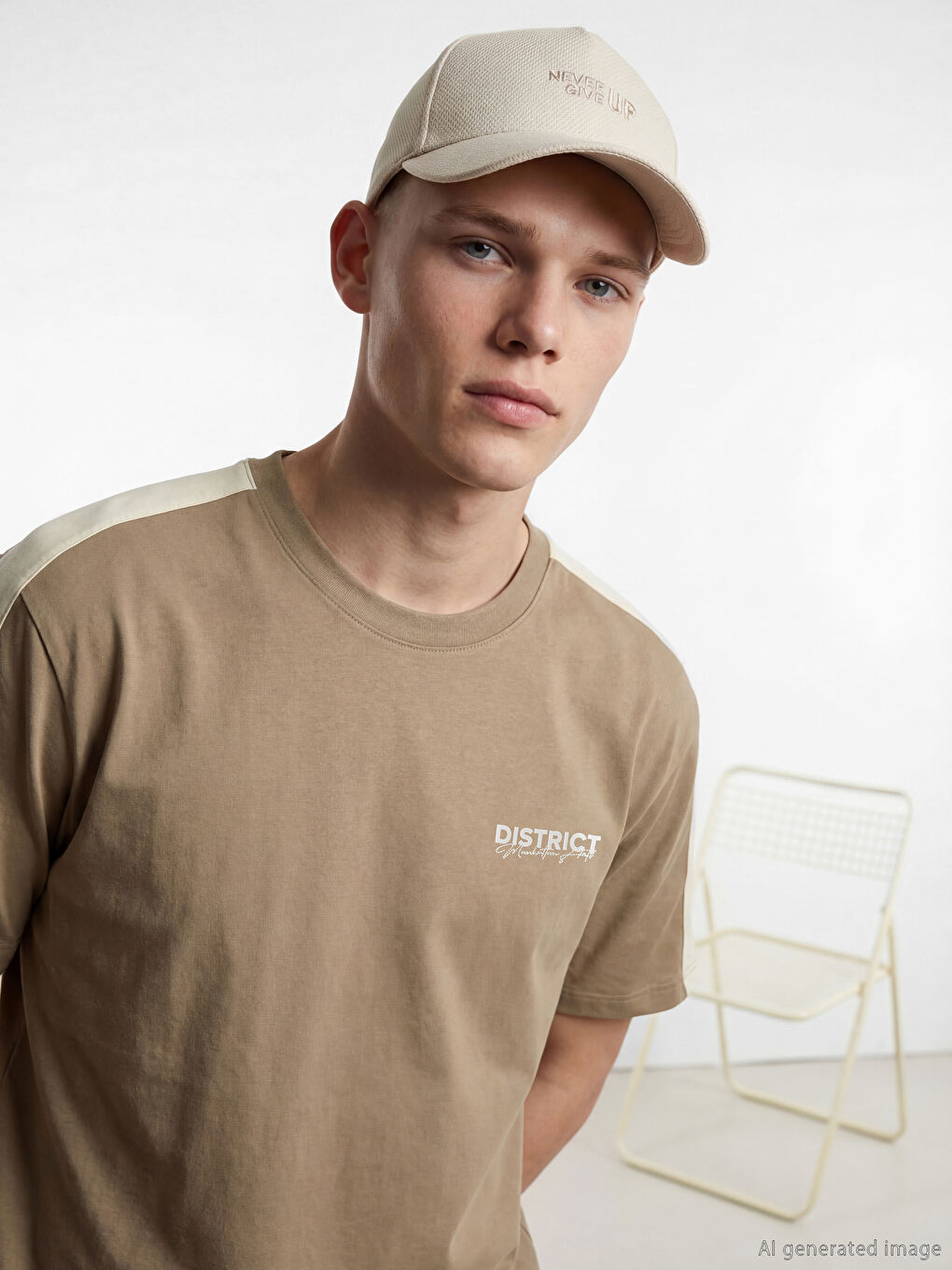 Kahverengi Bisiklet Yaka Şeritli Baskılı Erkek Tişört