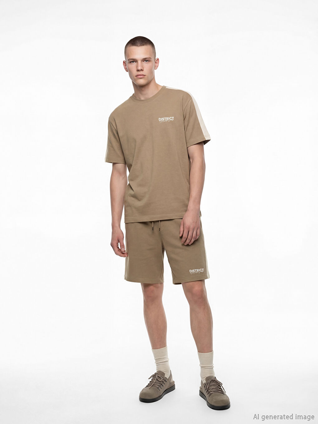 Kahverengi Bisiklet Yaka Şeritli Baskılı Erkek Tişört-1