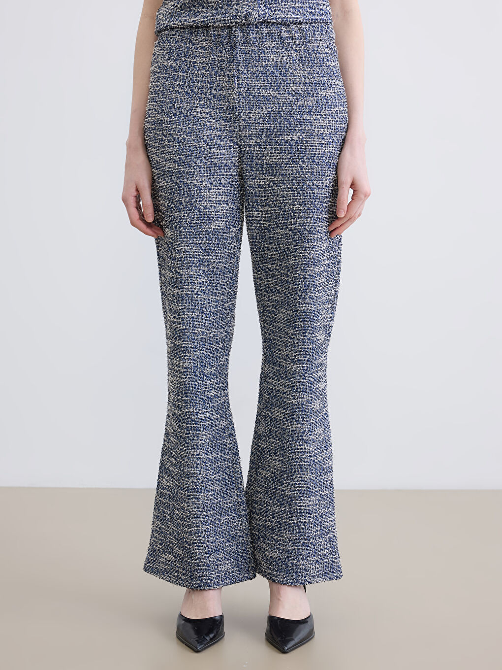 Lacivert Beli Lastikli İspanyol Paça Kadın Tüvit Pantolon-2