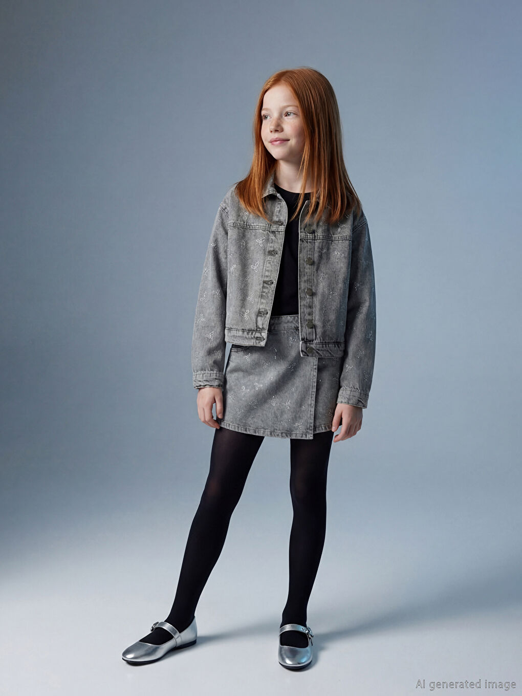 Karışık Taş İşlemeli Kız Çocuk Jean Şort Etek-1