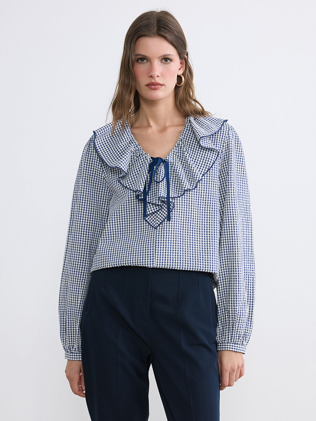 Lacivert Bebek Yaka Ekose Bluz