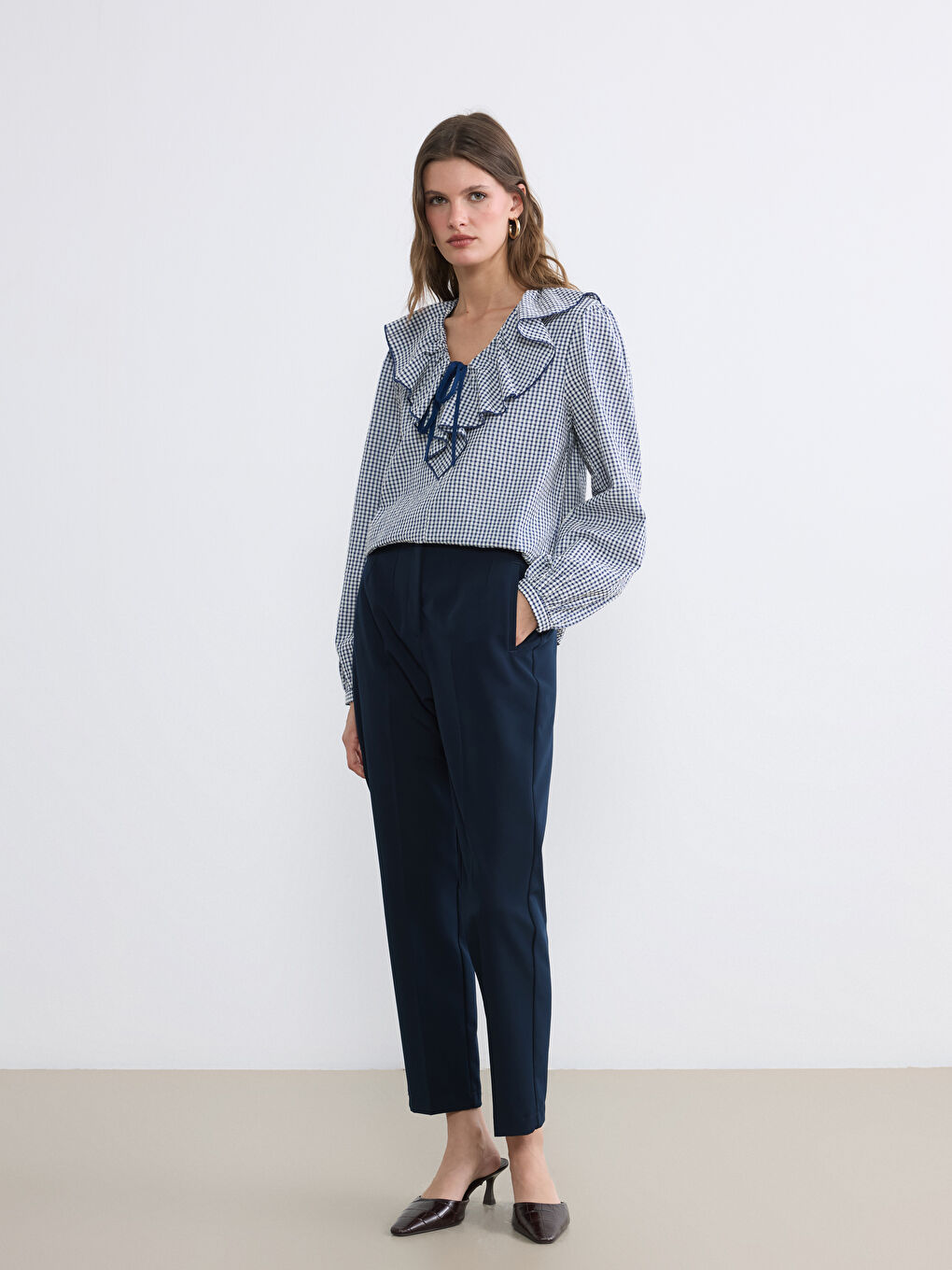 Lacivert Bebek Yaka Ekose Bluz-1