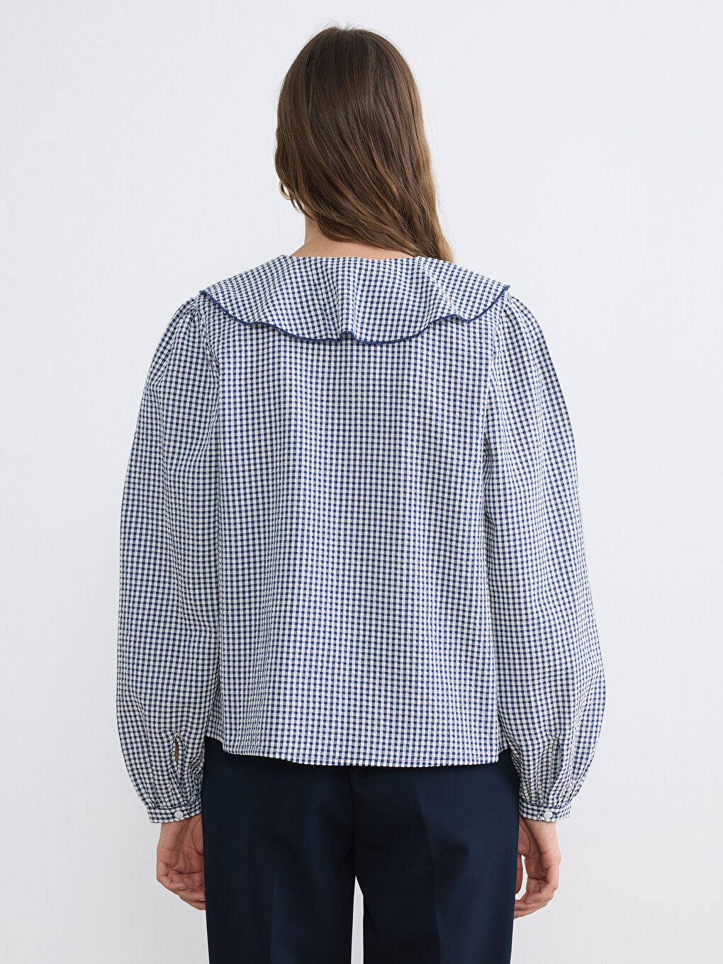 Lacivert Bebek Yaka Ekose Bluz-3